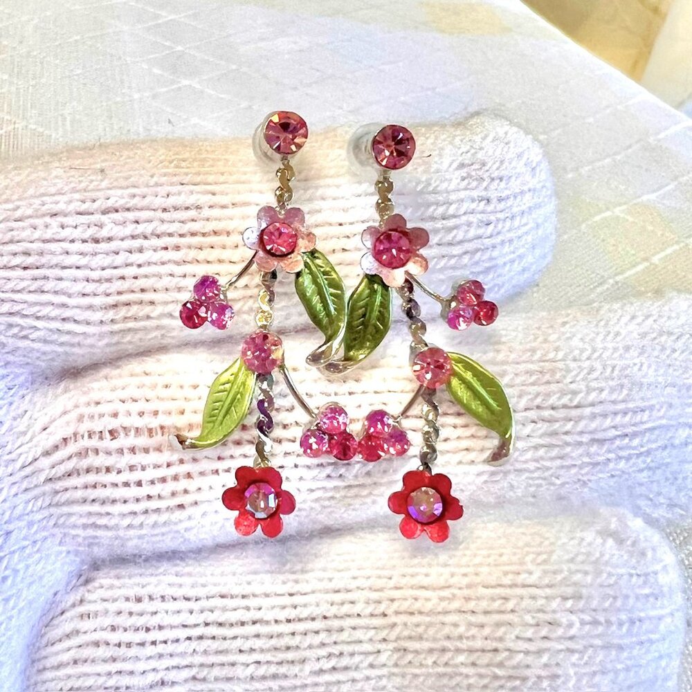 Vintage Crystal Rhinestone Earrings, Pink Floral Dangle Drop Earrings,